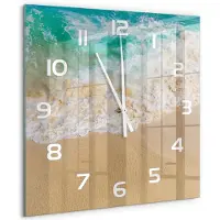 Tulup Wandklok - Strand en zee Wandklok Glas Decoratie - 60x60 cm - Blauw Gekleurde Glazen Klok - Witte handen - Vierkante Klok - Klok Glas Met Opdruk - Moderne Wandklok Glas