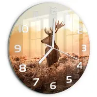 Tulup Wandklok - Zonsopgang boven de herten Wandklok Glas Decoratie - fi30 cm - Bruin Gekleurde Glazen Klok - Witte handen - Ronde Klok - Klok Glas Met Opdruk - Moderne Wandklok Glas