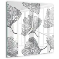 Tulup Wandklok - Ginkgo Glazen Klok Met Print - 30x30 cm - Zwart-wit Wandklok Glas Met Motief - Witte handen - Vierkante Klok - Wandklok Glas Decoratie - Gekleurde Glazen Klok