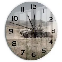 Tulup Wandklok - Tank in de woestijn Glazen Wandklok Design - fi60 cm - Beige Klok Glas Met Opdruk - Zwarte handen - Ronde Klok - Wandklok Glas Met Motief - Decoratieve Glazen Klok
