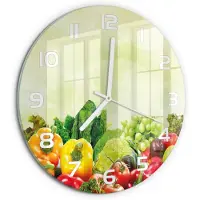 Tulup Wandklok - Groenten Glazen Wandklok Design - fi30 cm - Veelkleurig Klok Glas Met Opdruk - Witte handen - Ronde Klok - Wandklok Glas Met Motief - Decoratieve Glazen Klok