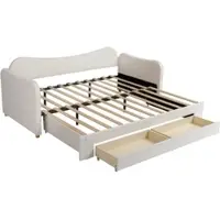 OKWISH Slaapbankbed 90x200 Cm – Uitschuifbaar Naar 180x200 – Met 2 Lades En Usb En Type C – Zonder Matras – Bouclé – Beige