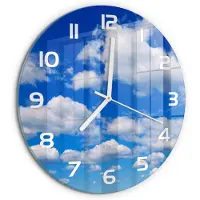 Tulup Wandklok - Wolken aan de hemel Wandklok Glas Decoratie - fi30 cm - Blauw Gekleurde Glazen Klok - Witte handen - Ronde Klok - Klok Glas Met Opdruk - Moderne Wandklok Glas