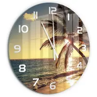 Tulup Wandklok - Tropisch strand Decoratieve Glazen Klok - fi60 cm - Geel Glazen Wandklok Design - Witte handen - Ronde Klok - Glazen Klok Met Print - Wandklok Glas Met Motief