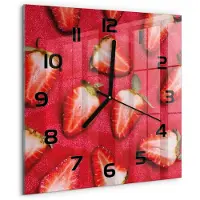 Tulup Wandklok - Gesneden aardbeien Moderne Wandklok Glas - 30x30 cm - Rood Wandklok Glas Decoratie - Zwarte handen - Vierkante Klok - Glazen Wandklok Design - Klok Glas Met Opdruk