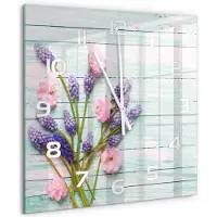 Tulup Wandklok - Lavendel op hout Moderne Wandklok Glas - 60x60 cm - Paars Wandklok Glas Decoratie - Witte handen - Vierkante Klok - Glazen Wandklok Design - Klok Glas Met Opdruk
