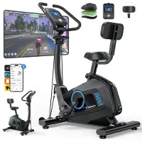 Merach Hometrainer, fietstrainingapparaat met rugleuning, app-bediening, automatische weerstandsregeling, 16 standen, 2 trekbanden, Bluetooth