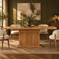 OKWISH Uitschuifbare eettafel met geïntegreerde opbergruimte, uitbreidbaar tafelblad, keukentafel met decoratieve ribbels aan de voorkant, bruin