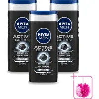 Nivea 3 x Men – Douchegel – Active Clean – 250 ml - Bulkverpakking - Douchegel mannen - Douchemop - Reiniging huid