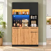 MODFU Keukenkast met LED-verlichting, 100 x 40 x 180 cm, hoge kast met stopcontact en USB-poort, voorraadkast met 6 deuren en 1 lade, zwart + naturel