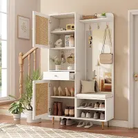 STILVORA Schoenenkast - Met Spiegel, Schoenbank, Haken En Lade - Voor Hal En Entree - Spaanplaat En Metaal - 99x35x180 Cm - Wit; Naturel