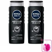 Nivea 2 x MEN - Douchegel - Active Clean - 500 ml - Bulkverpakking - Douchegel mannen - Douchemop - Actief houtskool