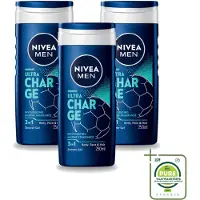 Nivea 3 x Men – Douchegel – Ultra Charge – 250 ml - Grootverpakking - Vaatwasstrips - Douchegel Voor Mannen - Verzorging Van Huid - Citrusgeur - Houtachtige Geur - 3-in-1 Douchegel