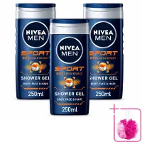 Nivea 3 x MEN – Douchegel – Sport – 250 ml - Bulkverpakking - Sportdouchegel - Douchemop - Fris na sporten