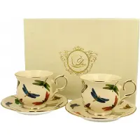 Duo ECRU Porseleinen Kopjes met Schotels - Libellen - Set van 2