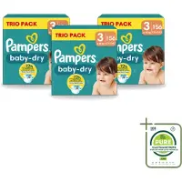 Pampers 3 x – Luiers – Baby-Dry Trio Pack Maat 3 (6-10 kg) – 156 Luiers - Grootverpakking - Vaatwasstrips - Baby Luiers - Droge Luiers - Anti-lek Luiers - Baby Droogheid - Nachtluier
