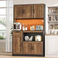 MODFU Buffetsch kast, 110x40x180 cm, hoge kast met LED-verlichting, voorraadkast/keukenkast met stopcontact, 6 deuren en 1 lade, naturel + zwart
