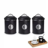 Cadro Set van 3 zwarte metalen voorraadpotten voor koffie, thee en suiker