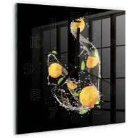 Tulup Wandklok - Abrikozen en water Klok Glas Met Opdruk - 30x30 cm - Oranje Moderne Wandklok Glas - Zwarte handen - Vierkante Klok - Decoratieve Glazen Klok - Glazen Wandklok Design