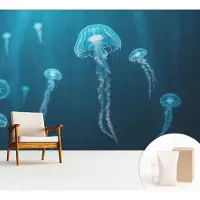 Wallfluent Fotobehang - Blauw Vliesbehang - 312x219 cm - Maritieme Elegantie Fotobehang Vlies - Hal behang Dieren - Muurschildering - Woonkamer behang
