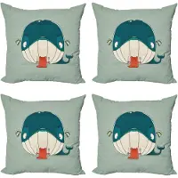 Abakuhaus Walfisch Sierkussen Kussenhoes 4er Set, Kätzchen Essen Große Fische, Modern Accent Dubbelzijdige Digitale Print, 60 x 60 cm, Almond Groen Teal