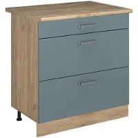 Vicco Keukenonderkast R-Line Blauw-grijs/Goudkleurig Eiken 80 cm met 3 laden goudkleurig eiken werkblad, Model 72457