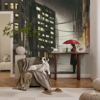 Coloray Vliesbehang - Zwart Snellijm Behang - 312x219 cm - Regenachtige Stad Fotobehang Vlies - Hal behang Steden - Muurschildering - Woonkamer behang