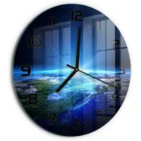 Tulup Wandklok - Planeet Aarde Glazen Klok Met Print - fi30 cm - Blauw Wandklok Glas Met Motief - Zwarte handen - Ronde Klok - Wandklok Glas Decoratie - Gekleurde Glazen Klok