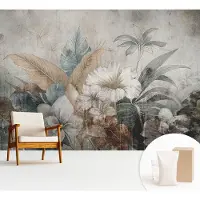Wallfluent Fotobehang - Grijs Vliesbehang - 312x219 cm - Bloemendroom Muurschildering - Slaapkamer behang Bloemen En Planten - Fotobehang Vlies - Slaapkamer behang