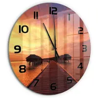 Tulup Wandklok - Bungalows op de Malediven Gekleurde Glazen Klok - fi60 cm - Oranje Glazen Klok Met Print - Zwarte handen - Ronde Klok - Moderne Wandklok Glas - Wandklok Glas Decoratie