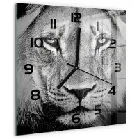 Tulup Wandklok - Leeuw Gekleurde Glazen Klok - 30x30 cm - Zwart-wit Glazen Klok Met Print - Zwarte handen - Vierkante Klok - Moderne Wandklok Glas - Wandklok Glas Decoratie