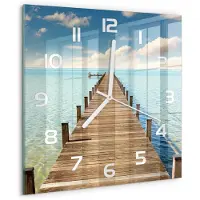 Tulup Wandklok - Houten brug Glazen Wandklok Design - 30x30 cm - Blauw Klok Glas Met Opdruk - Witte handen - Vierkante Klok - Wandklok Glas Met Motief - Decoratieve Glazen Klok
