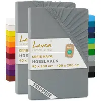 Lavea Set van 2 Hoeslakens voor Topper 90x200cm - 100x200cm – 100% Katoen Jersey – voor Topper tot 10 cm – met Elastiek rondom – Middengrijs