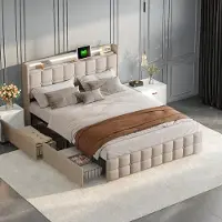 Rosahqnda Gestoffeerd bed 140x200cm, hoofdbord met ledverlichting en oplaadpoort, opbergbed met 4 lades, opbergbedframe, lattenbodem, beige beddengoed
