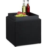 Relaxdays poef met opbergruimte - linnen look - met dienblad - 42 x 40,5 x 40,5 cm - voetenbank - zwart