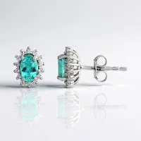 Cavill - Luxe Oorbellen 925 Sterling Zilver Platina Geplekt - Blauwe Ovale Paraíba Kwarts 0,83ct - 28 Zirkonen 0,31ct - Oorstekers Dames