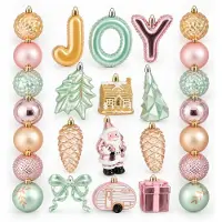 Mica Decorations Kerstboomornamenten JOY 26 stuks - Onbreekbare Kerstballen en Figuren - Set Kerstversiering in Roze, Champagne en Lichtgroen - Gemaakt van Gerecycled Polystyreen - 6 x 6 cm