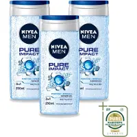 Nivea 3 x Men – Douchegel – Pure Impact – 250 ml - Wasstrips - Douchegel - Zuiverende Douchegel - Reinigende Douchegel - Zweet Verwijderen - Vuil Verwijderen