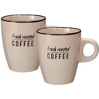 Excellent houseware Siaki koffie kopjes Barista Cafe - 2x stuks - beige - 220 ml - mokken - keramiek - 10 cm - met koffie thema teksten