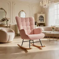 Rosahqnda Schommelstoel 60x75x92 cm, relaxstoel met geruite rugleuning, teddy stof, gestoffeerde fauteuil in roze