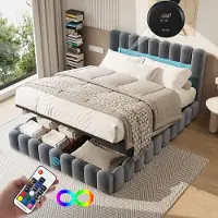 Rosahqnda Gestoffeerd bed 180x200 cm, ingebouwd matras (matras niet inbegrepen), zachte rugleuning, gestoffeerde rand, hoofdbord met ledverlichting, grijs fluweel