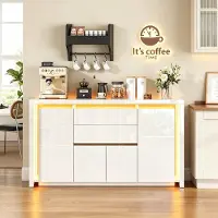 Rosahqnda Dressoir 160x35x75 cm, buffetkast met 4 deuren en 2 lades, keukenkast met LED-verlichting, hoogglans front, opbergkast, MDF, wit