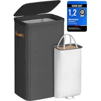 Songmics Wasmand, 100 L Wasmand, Eenvoudige montage, met deksel en handgrepen, Verwijderbare waszak, 42 x 32 x 75 cm, Inktzwart