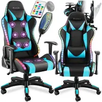 TecTake Gamingstoel met massagefunctie - Bureaustoel met LED-lichteffecten - Draaistoel voor gamers - Gamestoel - Draagvermogen tot 120kg - Zwart/azuur