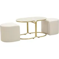 Mauro Ferretti Moderne salontafel met 2 comfortabele hockers van hout en goudkleurig metaal, 79 x 45 x 44 cm – ruimtebesparende, Scandinavische designset