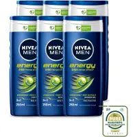 Nivea 6 x - Men - Energy Douchegel - Langdurig Fris Gevoel - 250 ml - Wasstrips - Douchegel Voor Mannen - 2 In 1 Douchegel - Energieboost - Fris Gevoel - Mintextract