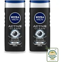 Nivea 2 x Men – Douchegel – Active Clean – 250 ml - Wasstrips - Douchegel Mannen - Actieve Houtskool - Reiniging Huid - Vuil Verwijderen - Talg Verwijderen