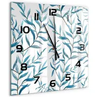 Tulup Wandklok - Bladeren Klok Glas Met Opdruk - 60x60 cm - Blauw Moderne Wandklok Glas - Zwarte handen - Vierkante Klok - Decoratieve Glazen Klok - Glazen Wandklok Design