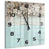 Tulup Wandklok - Kersenbloesem Moderne Wandklok Glas - 60x60 cm - Beige Wandklok Glas Decoratie - Zwarte handen - Vierkante Klok - Glazen Wandklok Design - Klok Glas Met Opdruk