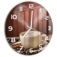 Tulup Wandklok - Aromatische koffie Decoratieve Glazen Klok - fi30 cm - Bruin Glazen Wandklok Design - Witte handen - Ronde Klok - Glazen Klok Met Print - Wandklok Glas Met Motief